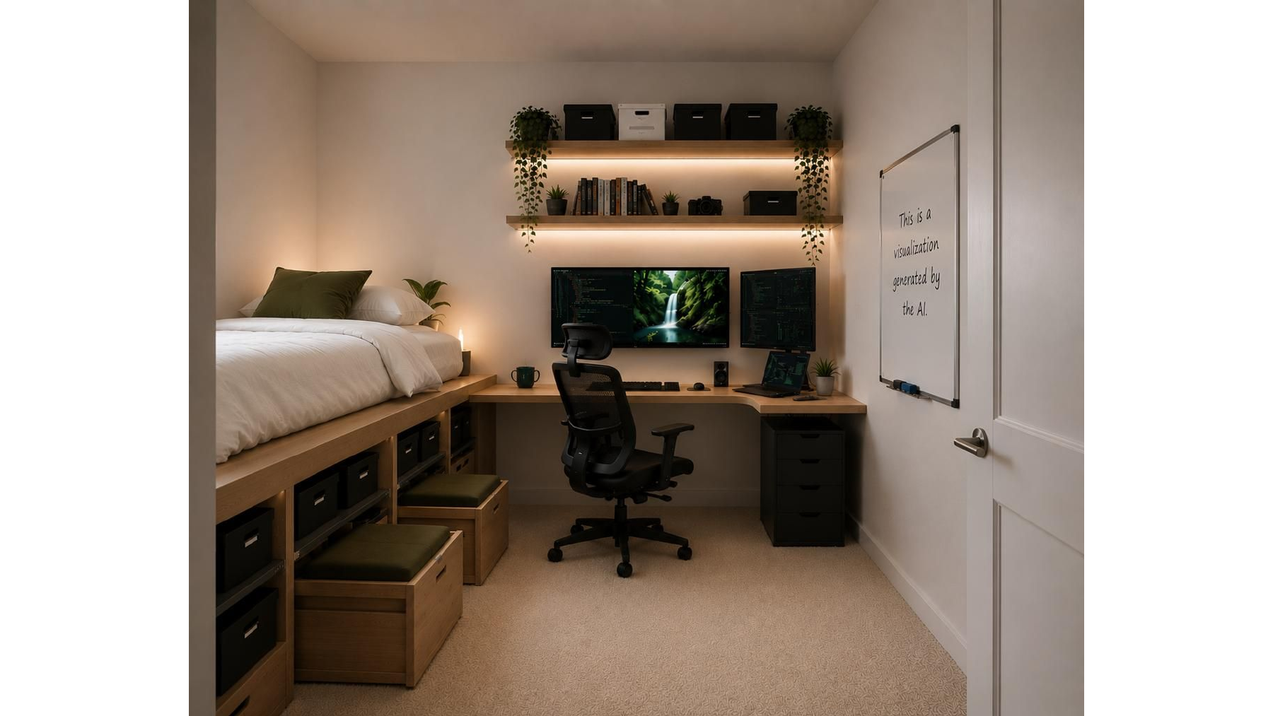 Room interior with desk and bed